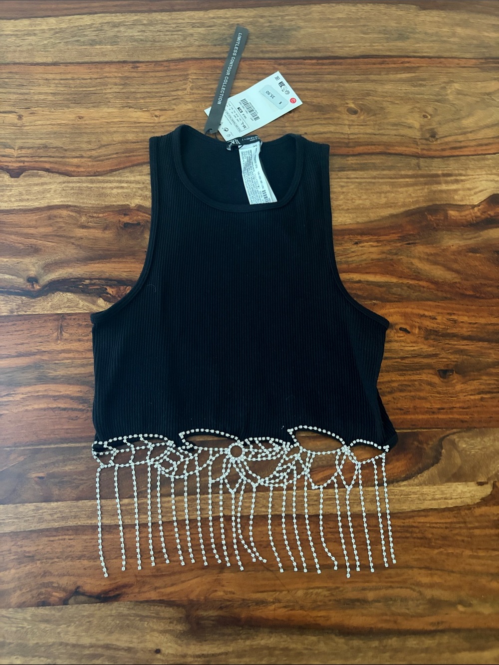 NWT Zara Black Ribbed Crop Top with Crystal Fringe Hem Size M-L